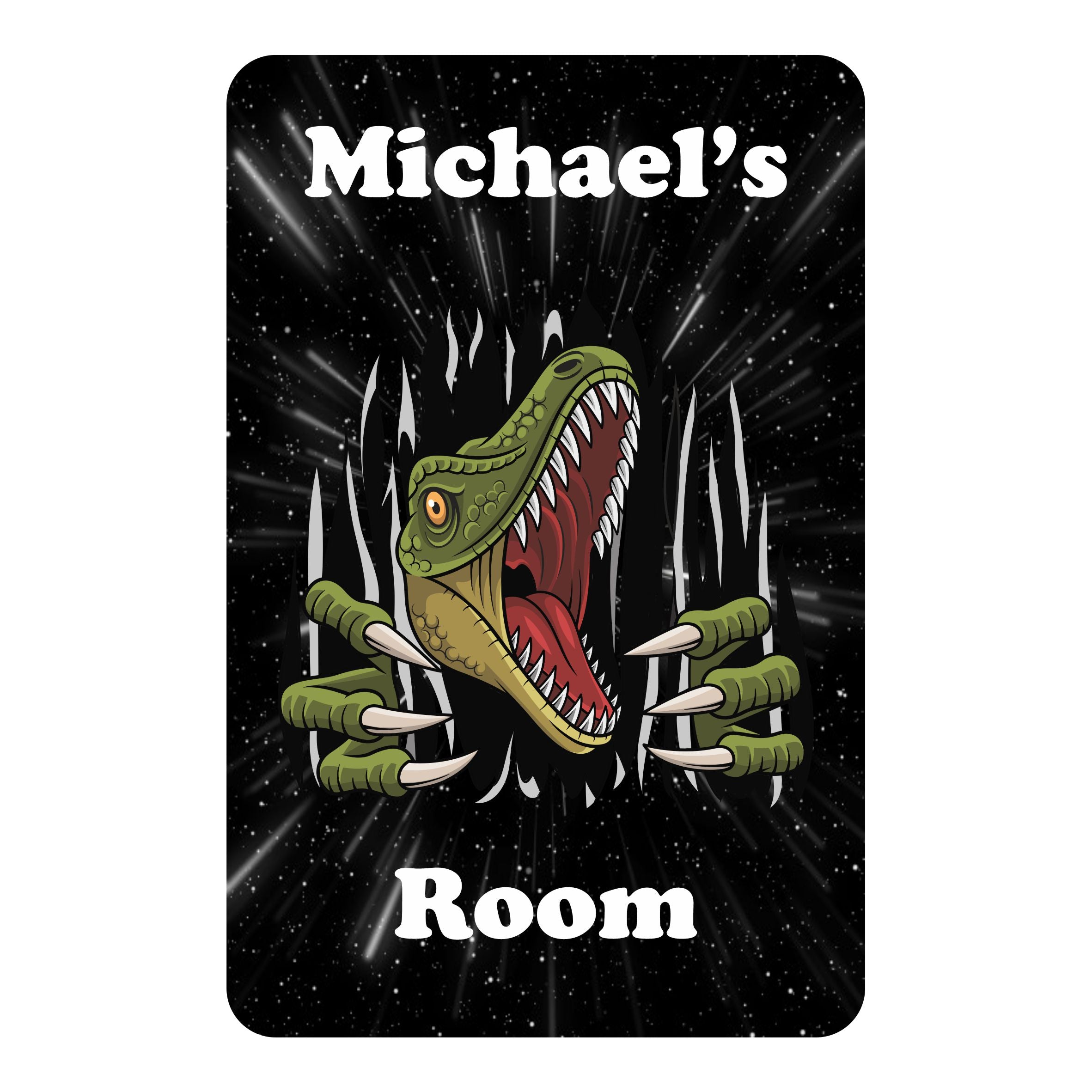 Personalised Dinosaur Breaking Out Of Space Kids Bedroom Door Sign - Unique Gift