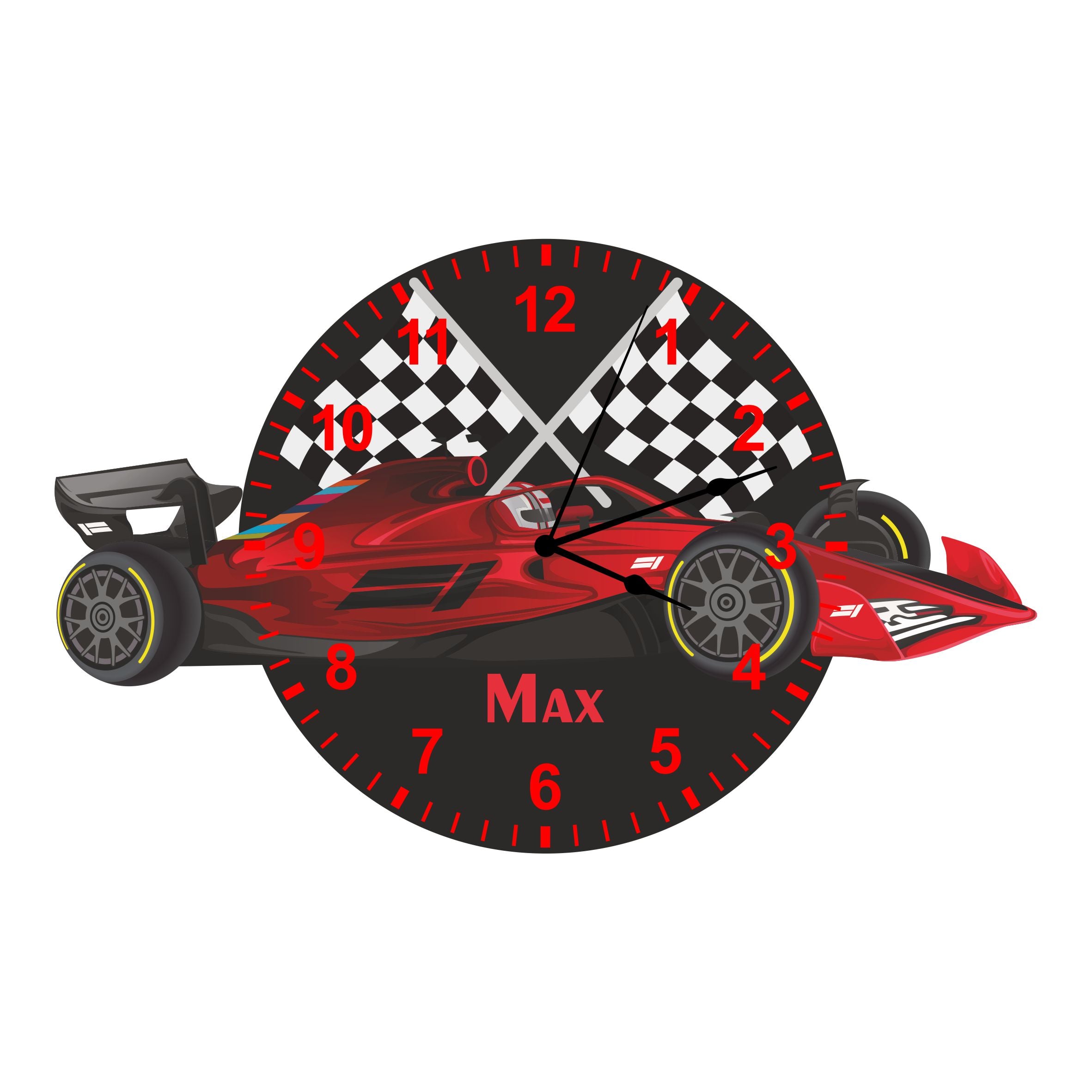 F1 Red Race Car Shaped Kids Silent Clock - Bespoke Personalised Specia ...