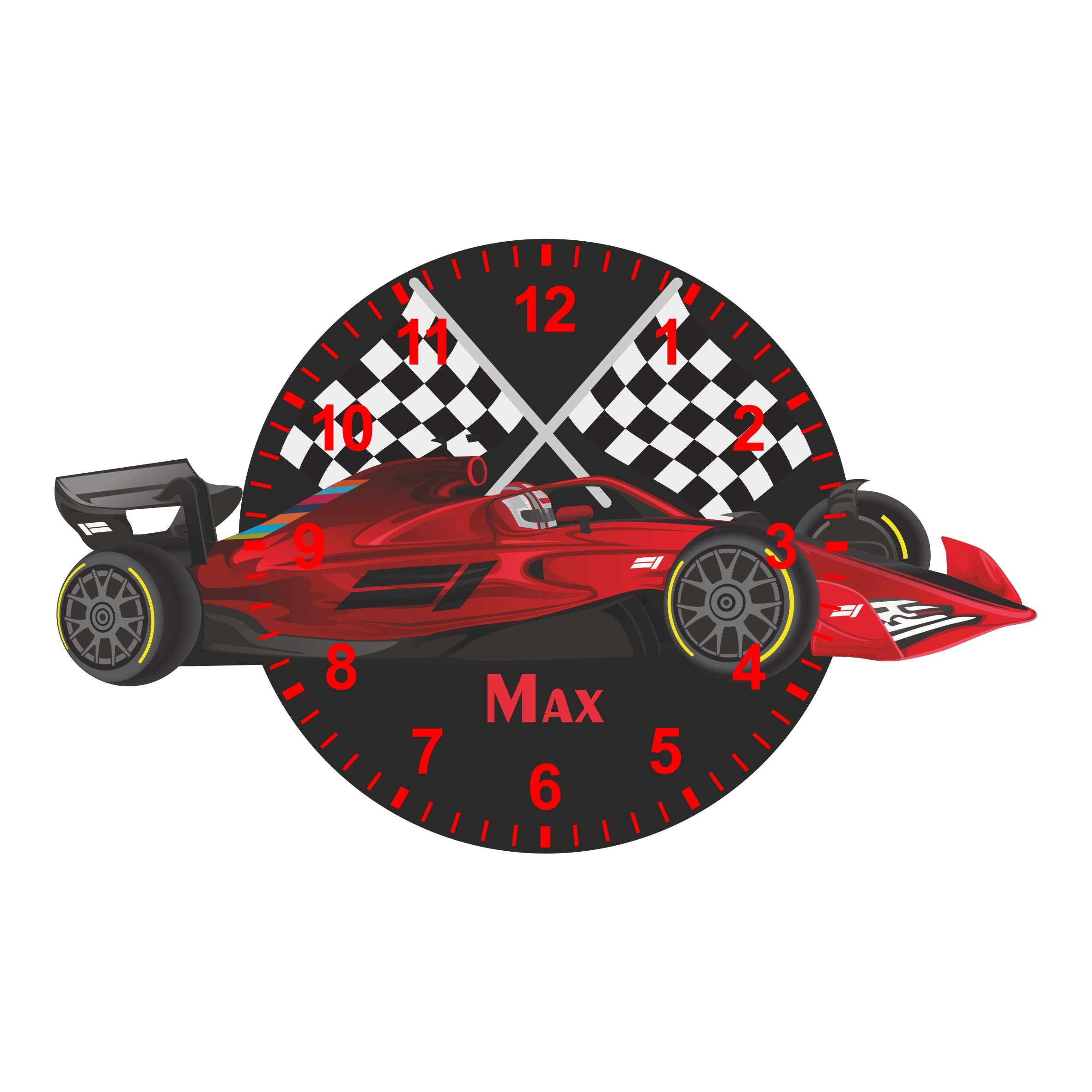 F1 Red Race Car Shaped Kids Silent Clock - Bespoke Personalised Special Gift