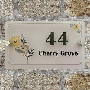 Colourful Flowers Frosted Effect House Sign, Satin Silver Stand Off Fixings ( Size - 20cm x 12cm )