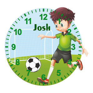 Boy Playing Football Shaped Kids Silent Clock - Bespoke Personalised Special Gift