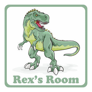 Personalised Green Dinosaur T-Rex Kids Bedroom Door Sign - Unique Gift