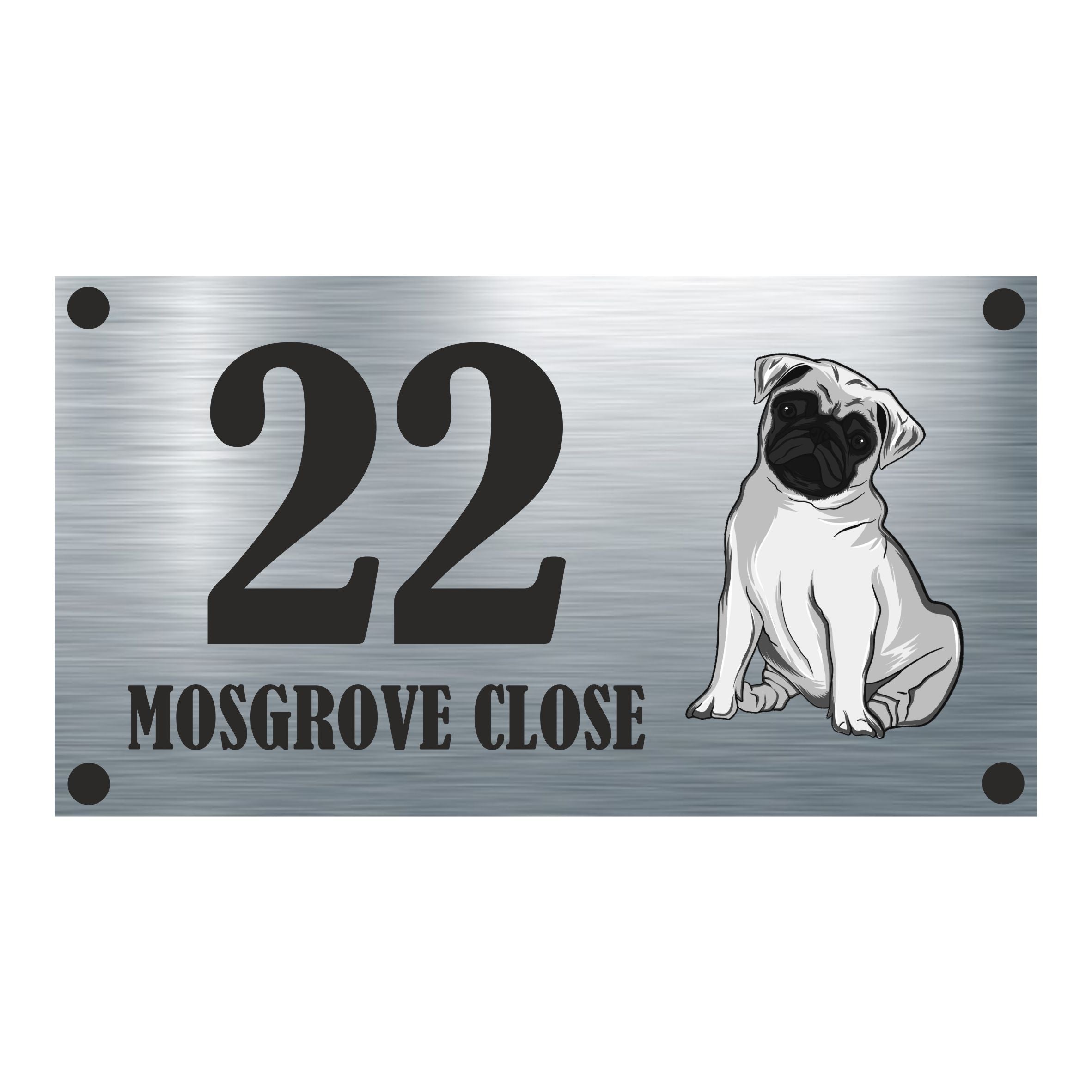 Dog Collection - Pug Aluminium House Sign - Personalised