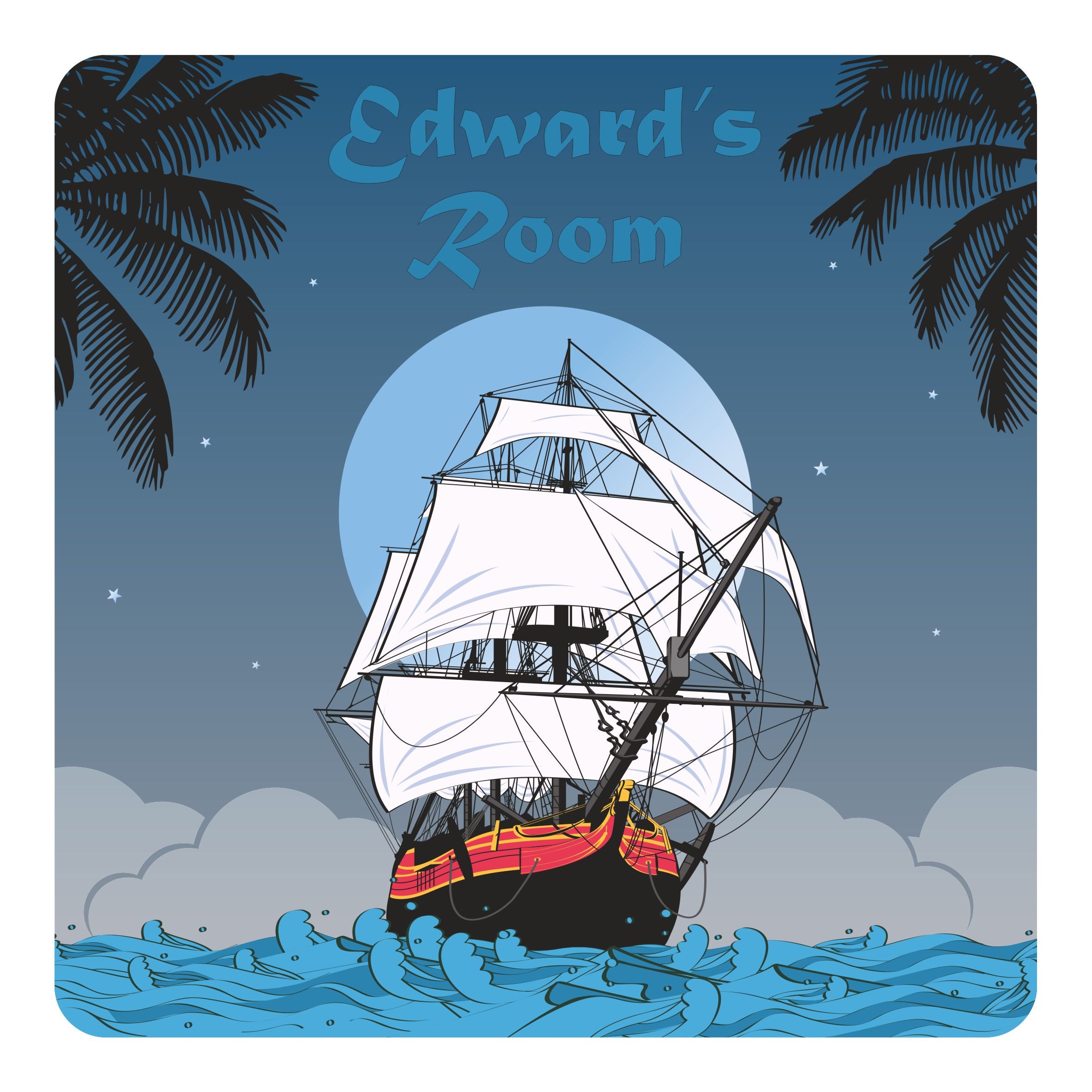 Personalised Pirate Ship Sailing At Night Kids Bedroom Door Sign - Unique Gift