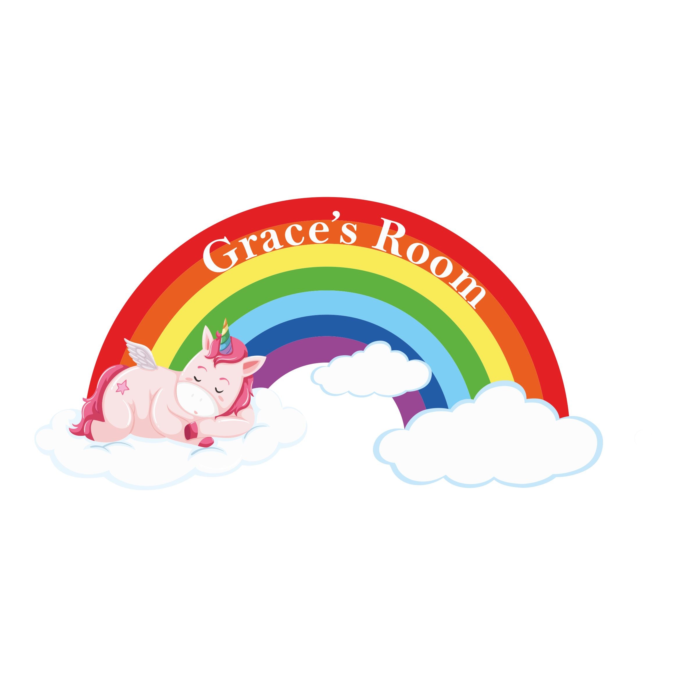 Personalised Unicorn on a Cloud with Rainbow Kids Bedroom Door Sign - Unique Gift