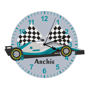 Grey & Green F1 Race Car Shaped Kids Silent Clock - Bespoke Personalised Special Gift