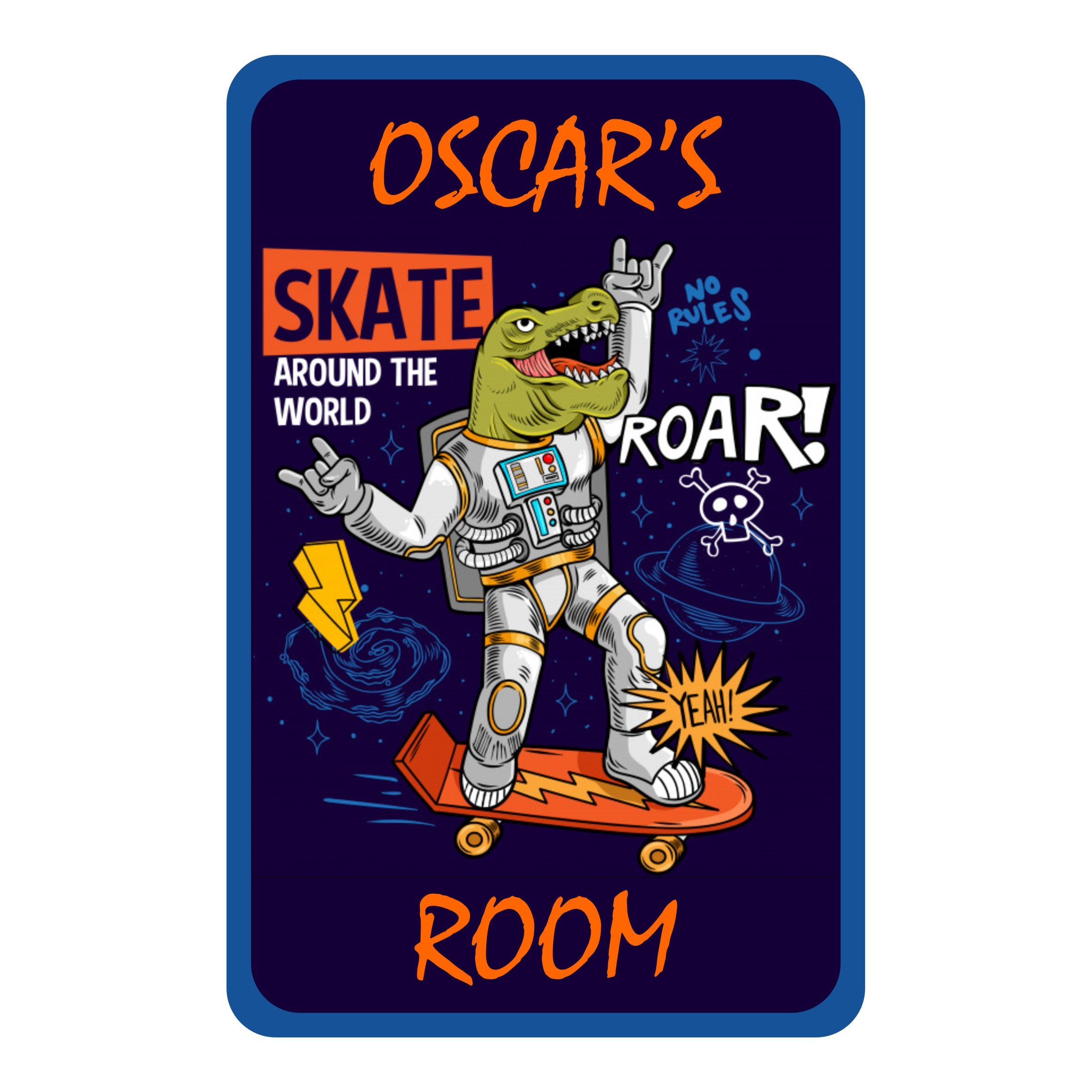 Personalised Space Dinosaur On Skateboard Kids Bedroom Door Sign - Unique Gift