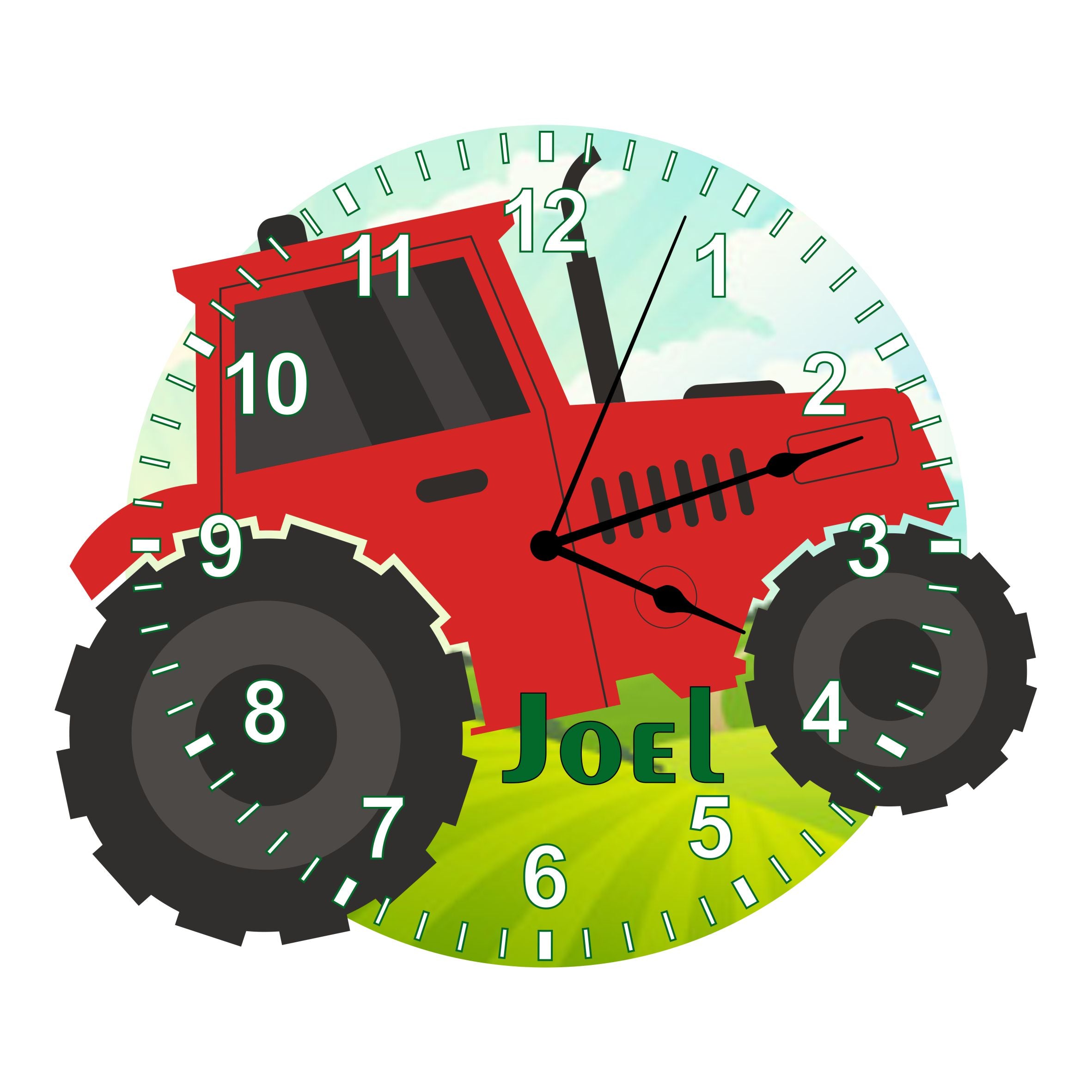 Red Tractor Shaped Kids Silent Clock - Bespoke Personalised Special Gift