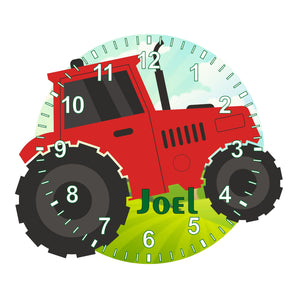 Red Tractor Shaped Kids Silent Clock - Bespoke Personalised Special Gift