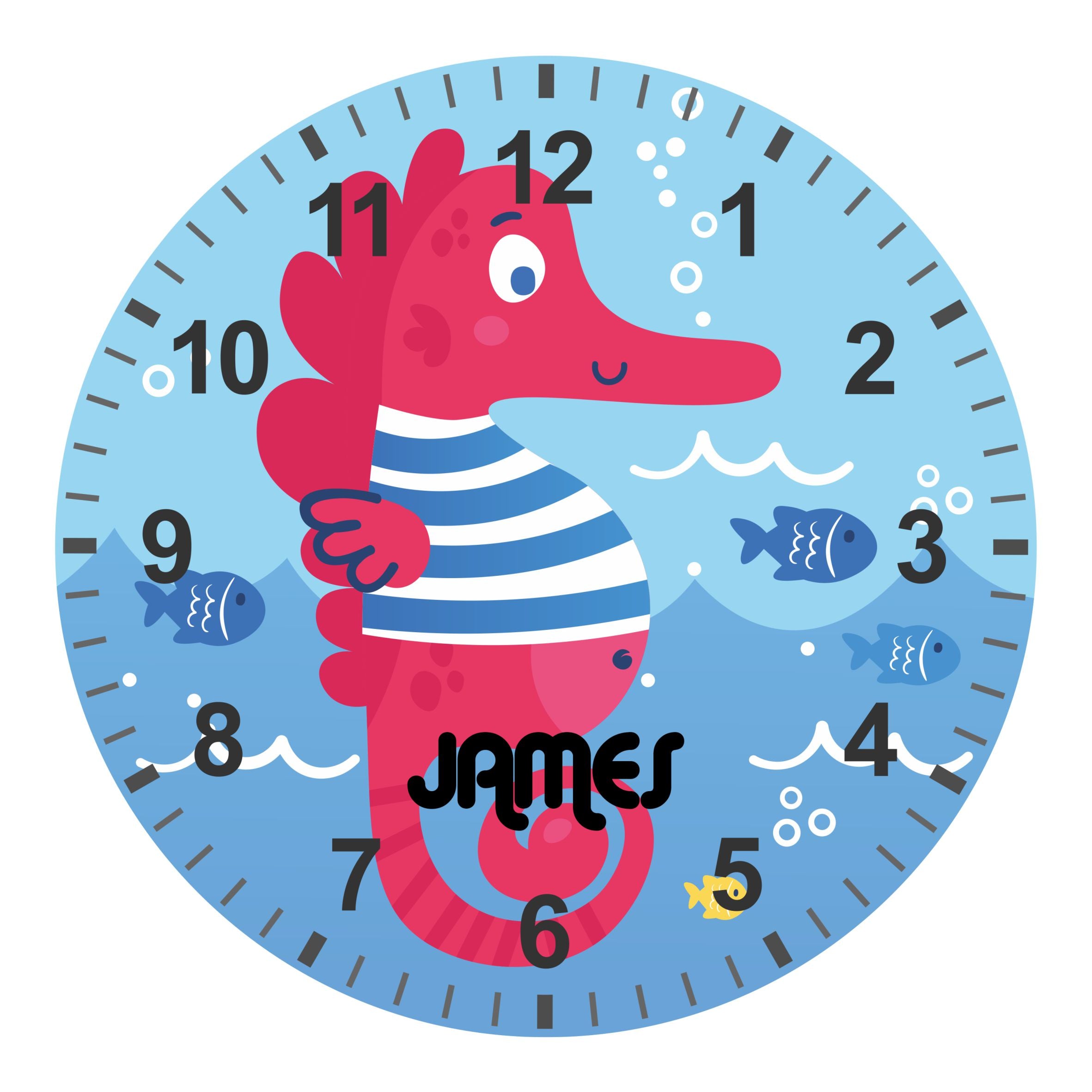 Under The Sea - Kids Seahorse Silent Clock - Bespoke Personalised Special Gift