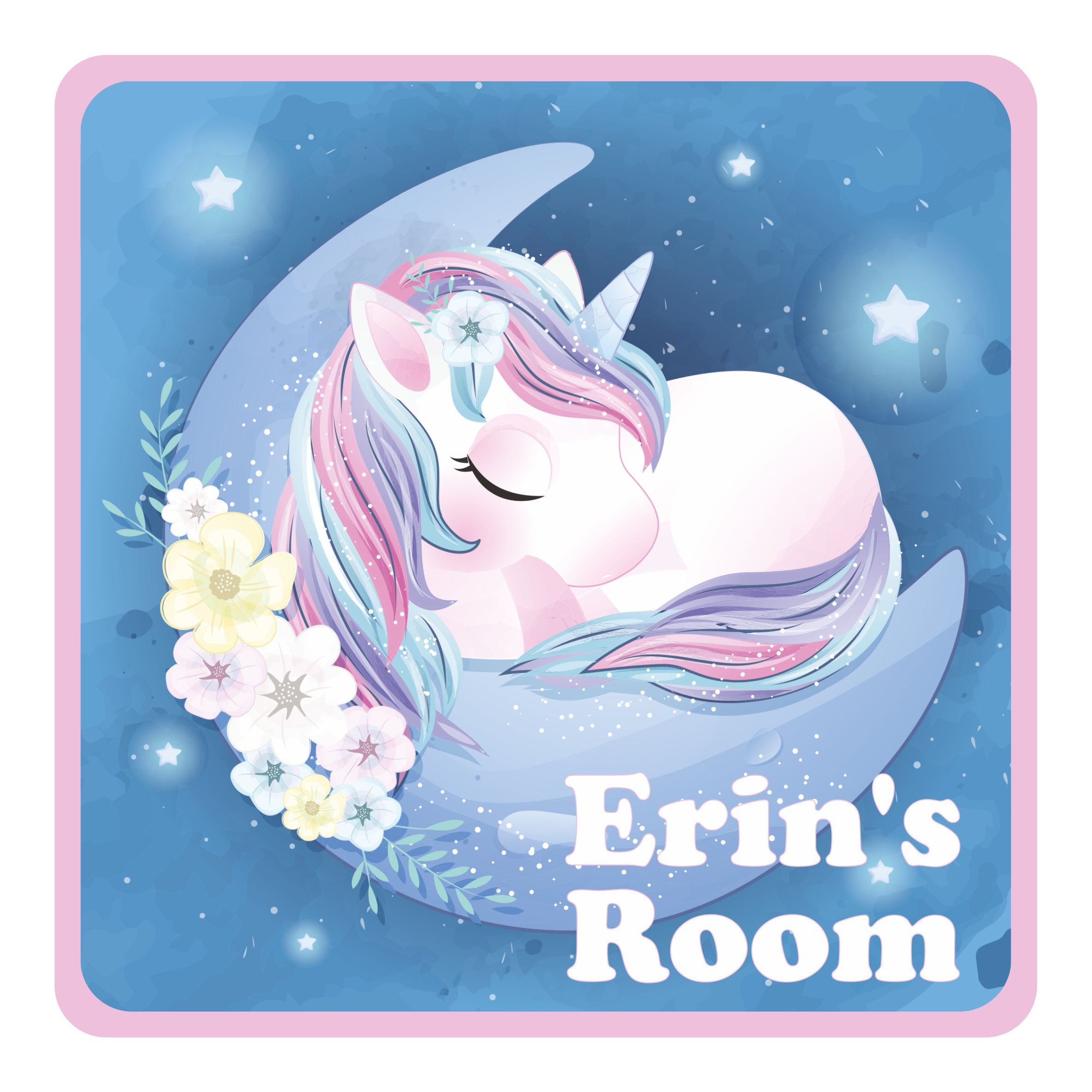 Personalised Unicorn Sleeping On A Moon Kids Bedroom Door Sign - Unique Gift