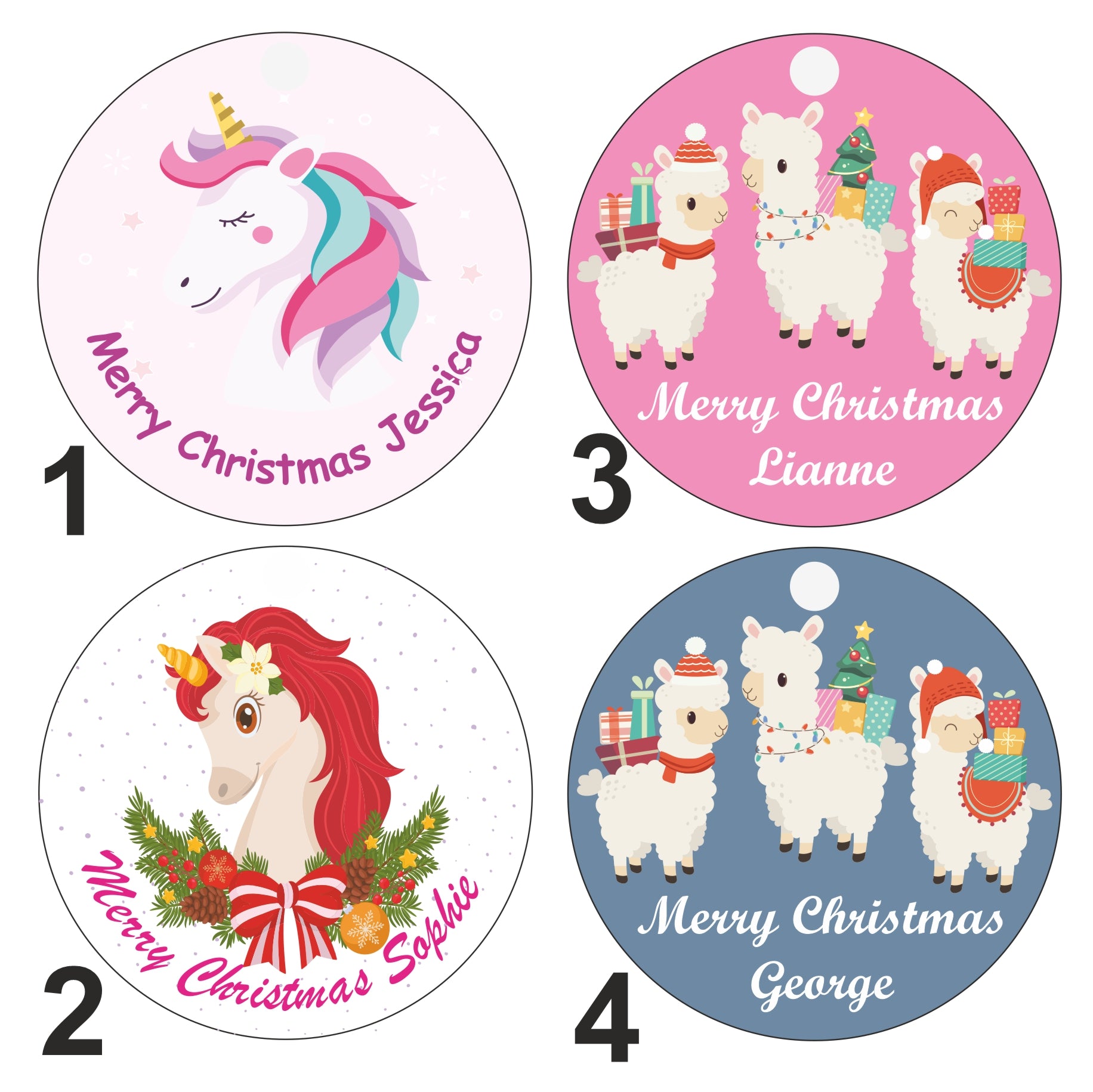 Unicorn and Llama Personalised Christmas Bauble - Custom Designed Printed Baubles with Any Name - Ideal as a Gift Tag