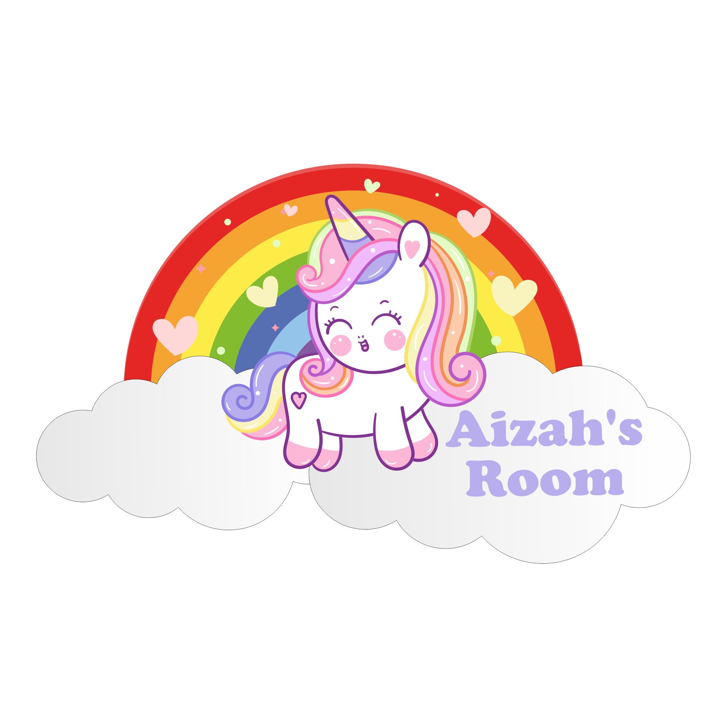 Personalised Unicorn in a Rainbow with Hearts Kids Bedroom Door Sign - Unique Gift
